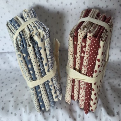 Paquete pequeño de 8 telas en granates flores, corazones, estrellitas, lunares....