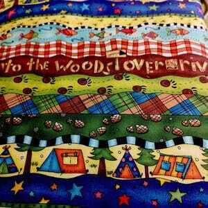Tela con cenefas con motivos de camping, peces, campo de Quilting treasures
