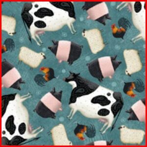 Tela  vacas y otros animales sobre azul.Quilting treasures