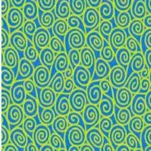 Tela azul con espirales en verdes y amarillos.Quilting treasures