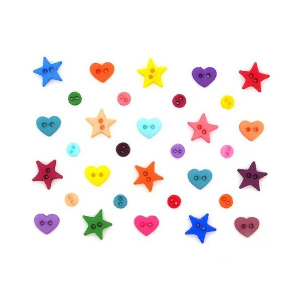 Botones minúsculos en forma de circulo y estrella multicolor.Dress it up