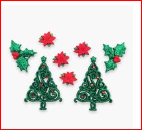Botones navideños de árboles de navidad decorados y flores de pascua