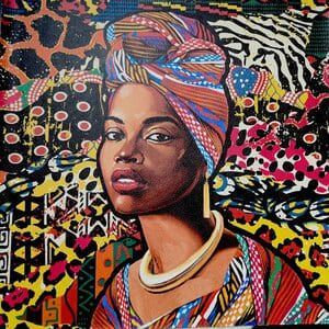 Mujer africana multicolor en polipiel para bolsos(Medidas 44x 44 cm)