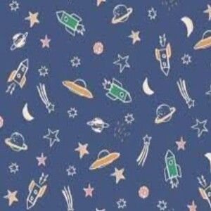 Tela infantil  con motivos del espacio sobre azul marino.