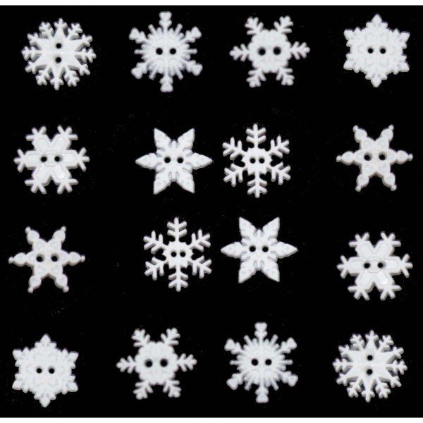 Botones de estrellas y copos de nieve en blanco