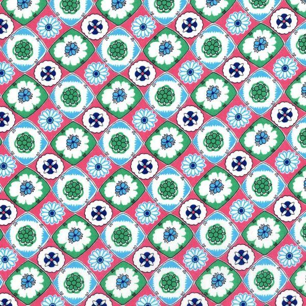 Tela de flores en cuadros en rojos, naranjas y azules.Rjr studio