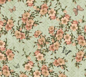 Tela  con florecitas con mariposas sobre verde.Quilting treasures